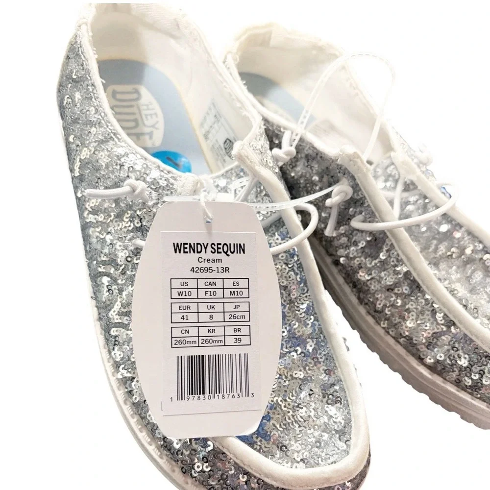 Hey Dude Wendy Sequin Women Size 10 Cream Silver Sparkle Slip On NEW With Tags